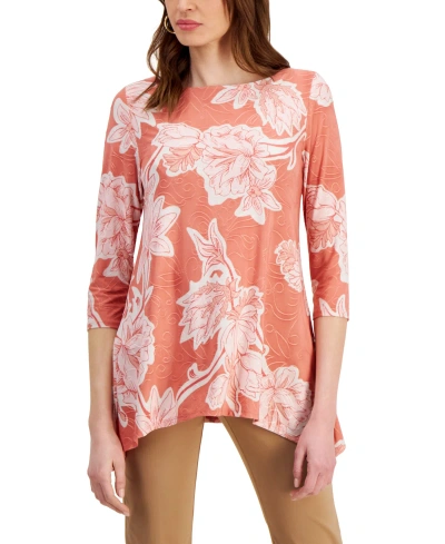 Jm Collection Petite Felica Floral Jacquard 3/4-sleeve Top, Created For Macy's In Burnt Brick Combo