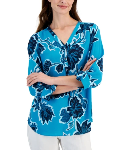 Jm Collection Petite Felicia Floral Roll-tab Blouse, Created For Macy's In Seafrost Combo