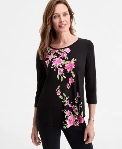 Jm Collection Petite Floral 3/4-sleeve Top, Exclusively At Macy's In Black