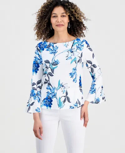 Jm Collection Petite Floral Flare-sleeve Boat-neck Top, Created For Macy's In Multi