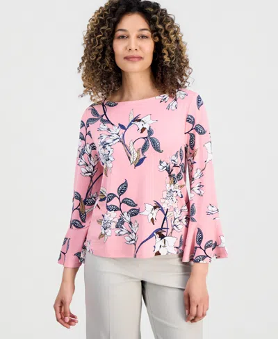 Jm Collection Petite Floral Flare-sleeve Boat-neck Top, Created For Macy's In Pink