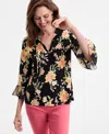 Jm Collection Petite Floral Mixed-media Ruffle-sleeve Split-neck Top, Exclusively At Macy's In Black