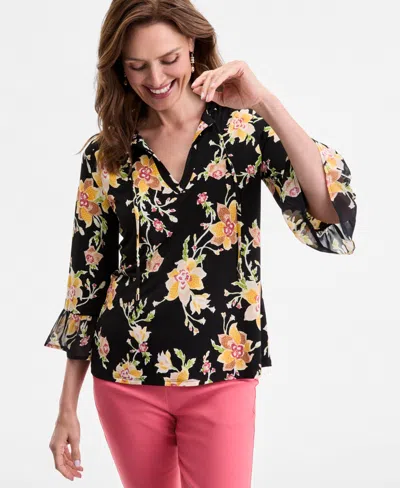 Jm Collection Petite Floral Mixed-media Ruffle-sleeve Split-neck Top, Exclusively At Macy's In Black