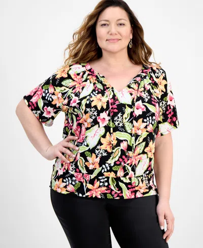 Jm Collection Petite Floral-print Blouson Top, Exclusively At Macy's In Black