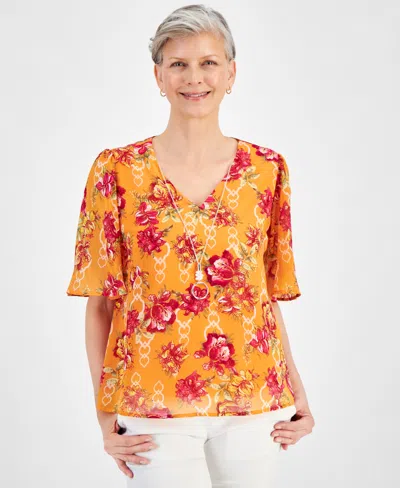 Jm Collection Petite Floral-print Flutter-sleeve Necklace Top, Created For Macy's In Santa Fe Sun Combo