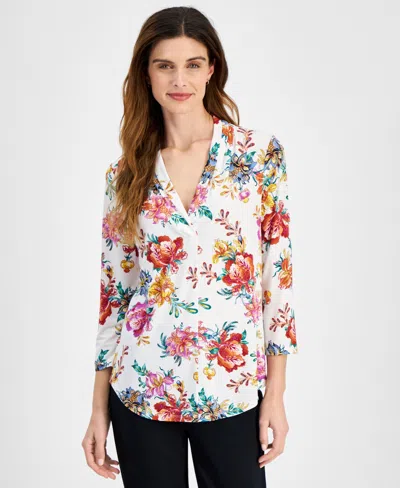 Jm Collection Petite Floral-print Gathered-neck Top, Created For Macy's In Neo Natural Combo