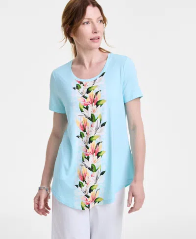 Jm Collection Petite Floral Scoop-neck Short-sleeve Top, Exclusively At Macy's In Multi