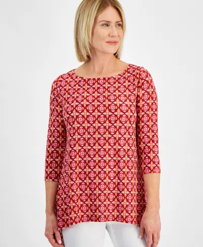 Jm Collection Petite Francesca Foulard Printed Jacquard 3/4-sleeve Swing Top, Created For Macy's In Ruby Slippers Combo