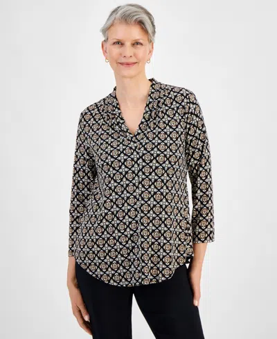 Jm Collection Petite Francesca Foulard V-neck Top, Created For Macy's In Deep Black Combo