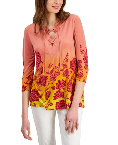 Jm Collection Petite Garden Lace-up 3/4-sleeve Tunic Top, Created For Macy's In Burnt Brick Combo