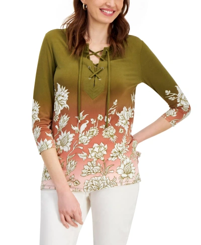 Jm Collection Petite Garden Lace-up 3/4-sleeve Tunic Top, Created For Macy's In New Avocado Combo