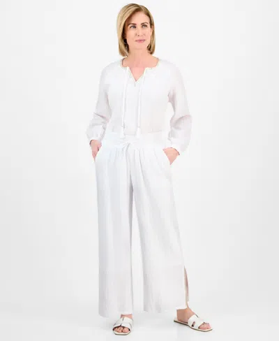 Jm Collection Petite Gauze Split-hem Wide-leg Pants, Exclusively At Macy's In Bright White
