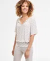 Jm Collection Petite Geo-print Blouson Top, Exclusively At Macy's In Gray