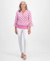 Jm Collection Petite Geometric-print Split-neck Top, Exclusively At Macy's In Pink