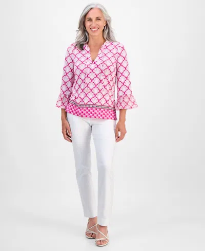 Jm Collection Petite Geometric-print Split-neck Top, Exclusively At Macy's In Pink