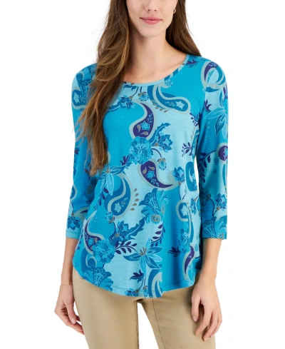 Jm Collection Women's 3/4 Sleeve Printed Top, Created For Macy's In Seafrost Combo