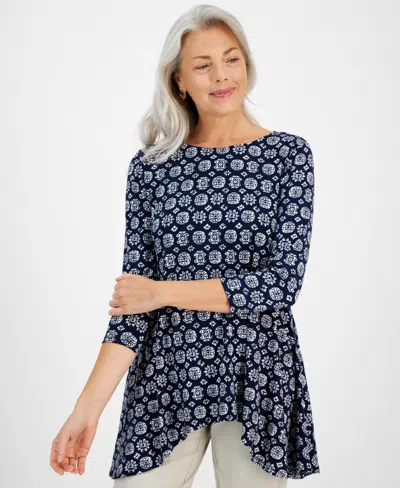 Jm Collection Petite Isabel Geometric Knit Swing Top, Created For Macy's In Intrepd Blue Cb