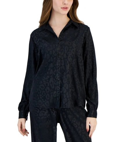 Jm Collection Petite Jacquard Animal Print Button Front Satin Shirt, Created For Macy's In Deep Black