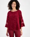 Jm Collection Petite Jacquard Lace-inset Blouse, Macy's Exclusive In Red