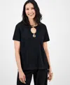 Jm Collection Petite Jacquard Ring Short-sleeve Top, Macy's Exclusive In Black
