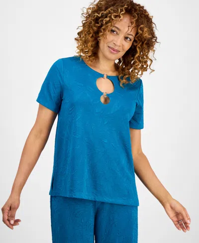 Jm Collection Petite Jacquard Ring Short-sleeve Top, Macy's Exclusive In Blue
