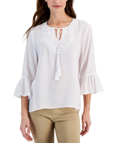 Jm Collection Women's Lace-trim Bell-sleeve Woven Top, Created For Macy's In Bright White