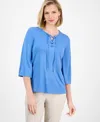 JM COLLECTION PETITE LACE-UP 3/4-SLEEVE TOP, EXCLUSIVELY AT MACY'S