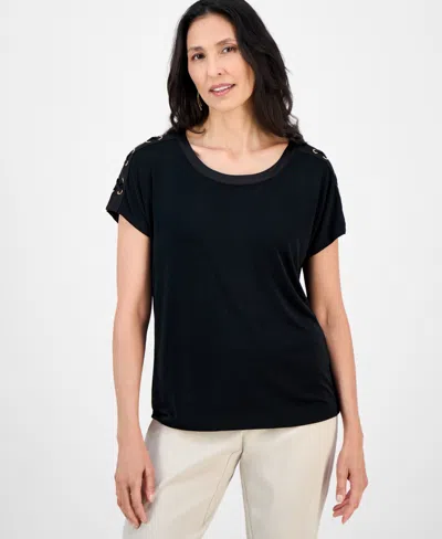 Jm Collection Petite Lace-up Shoulder Short-sleeve Top, Macy's Exclusive In Black