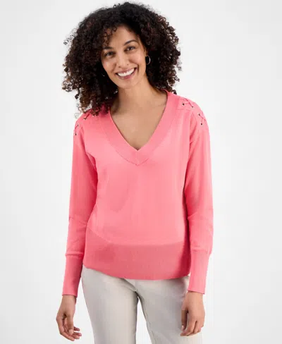 Jm Collection Petite Lace-up Shoulder V-neck Sweater, Macy's Exclusive
