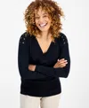 Jm Collection Petite Lace-up Shoulder V-neck Sweater, Macy's Exclusive In Black
