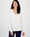 Jm Collection Petite Lace-up Shoulder V-neck Sweater, Macy's Exclusive In Neutral