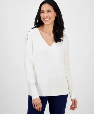 Jm Collection Petite Lace-up Shoulder V-neck Sweater, Macy's Exclusive In Neutral