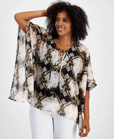 Jm Collection Petite Lacey Lush Lace-up Chiffon Poncho Top, Created For Macy's In Deep Black Combo