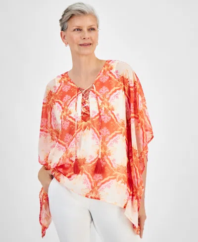 Jm Collection Petite Lacey Lush Lace-up Chiffon Poncho Top, Created For Macy's In Pumpkin Seed Combo