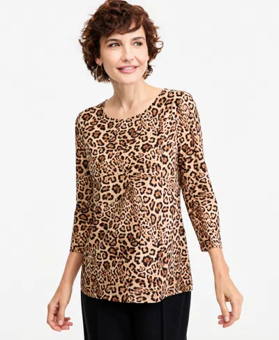 Jm Collection Petite Leopard-print 3/4-sleeve Scoop-neck T-shirt, Macy's Exclusive In Cinnamon Spice