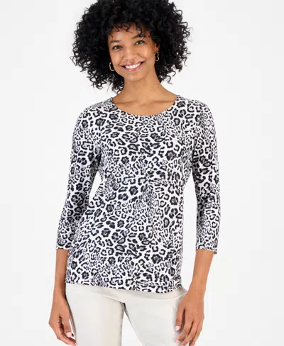 Jm Collection Petite Leopard-print 3/4-sleeve Scoop-neck T-shirt, Macy's Exclusive In Deep Black