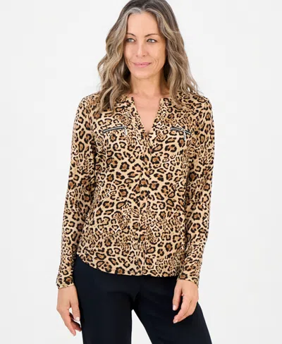 Jm Collection Petite Leopard-print Long-sleeve V-neck Top Macy's Exclusive In Multi