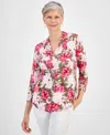 Jm Collection Petite Linear Gardenâ V-neck 3/4-sleeve Top, Created For Macy's In Army Green Combo