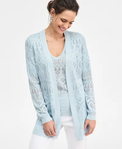 Jm Collection Petite Long-sleeve Pointelle Flyaway Sweater, Macy's Exclusive In Blue