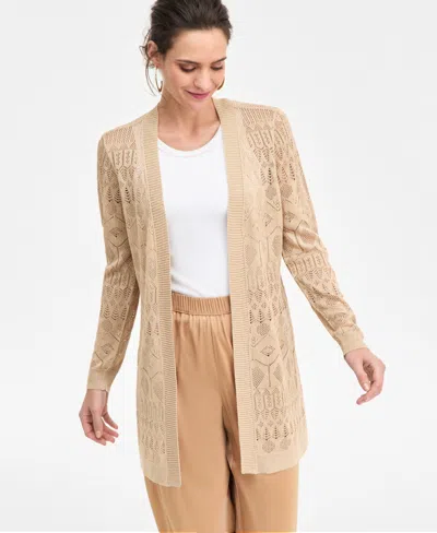 Jm Collection Petite Long-sleeve Pointelle Flyaway Sweater, Macy's Exclusive In Neutral