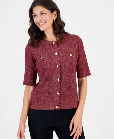 Jm Collection Petite Lurex Pointelle Short-sleeve Cardigan Sweater, Macy's Exclusive In Red