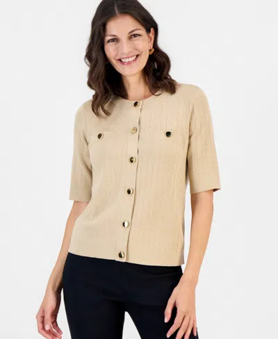Jm Collection Petite Lurex Pointelle Short-sleeve Cardigan Sweater, Macy's Exclusive In Neutral