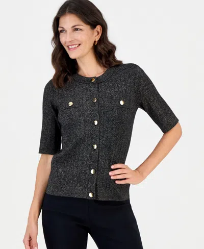 Jm Collection Petite Lurex Pointelle Short-sleeve Cardigan Sweater, Macy's Exclusive In Gray