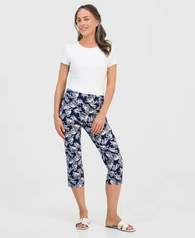 Jm Collection Petite Lush Print Rivet-waist Capri Pants, Macy's Exclusive In Blue