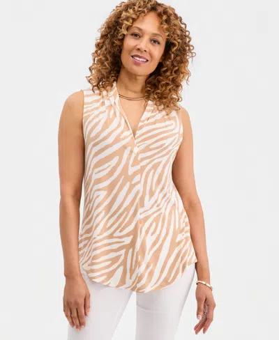 Jm Collection Petite Lush Zebra Printed V-neck Knit Top, Macy's Exclusive In Natural Camel