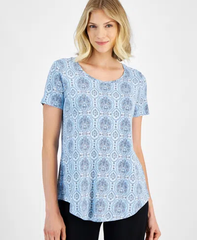 Jm Collection Petite Marrakesh Medallion Scoop-neck Top, Created For Macy's In Icicle Blue Combo