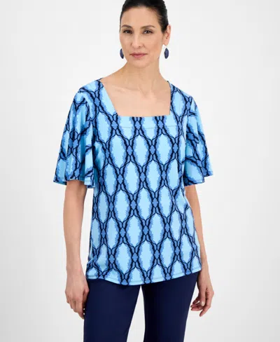 Jm Collection Petite Medallion-print Flutter-sleeve Top, Exclusively At Macy's In Blue