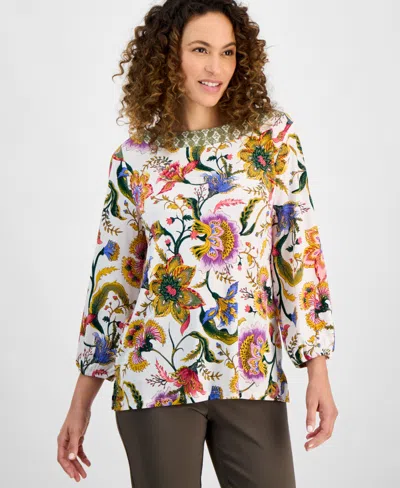 Jm Collection Petite Mirella Garden Boat-neck Top, Exclusively At Macy's In Crema Combo