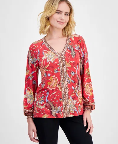 Jm Collection Petite Mirella Printed Long-sleeve Top, Created For Macy's In Tomato Puree