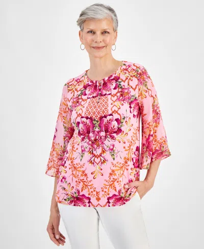Jm Collection Petite Oasis Flora Split-neck Top, Created For Macy's In Blossom Berry Combo
